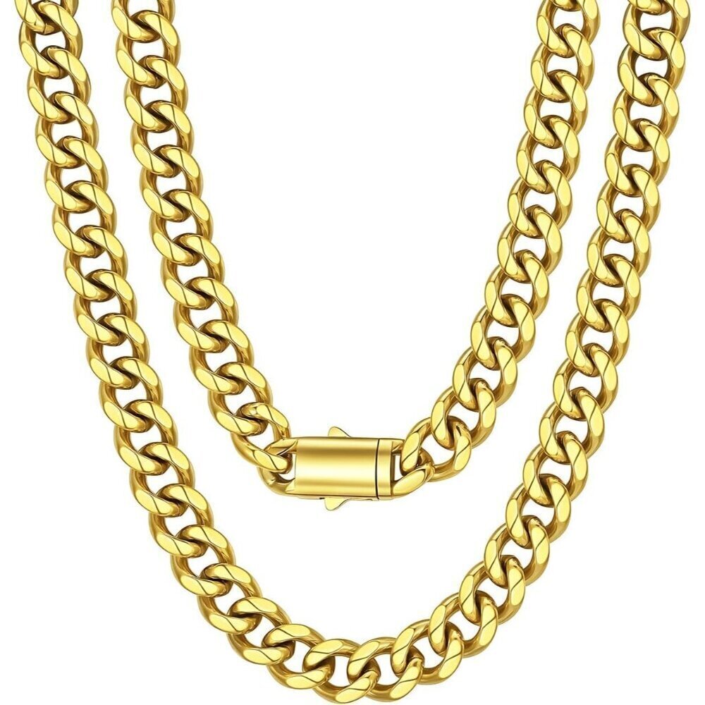 Men's 12MM Width-Gold Stainless Steel Miami Cuban Curb Link Chain Necklace